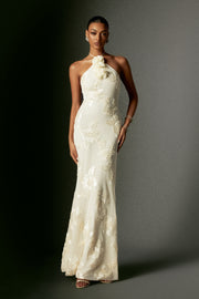 Griselda Flr Halter Embroidery Maxi Dress - White